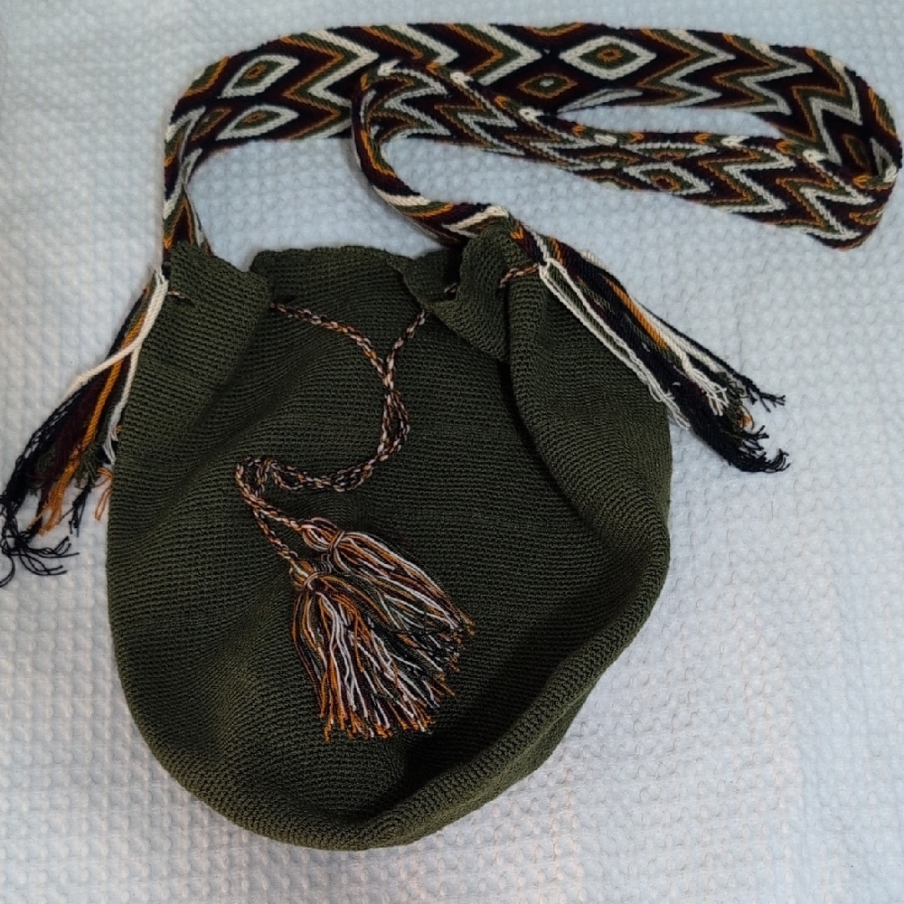 Olive Green Woven Bag with Patterned Strap